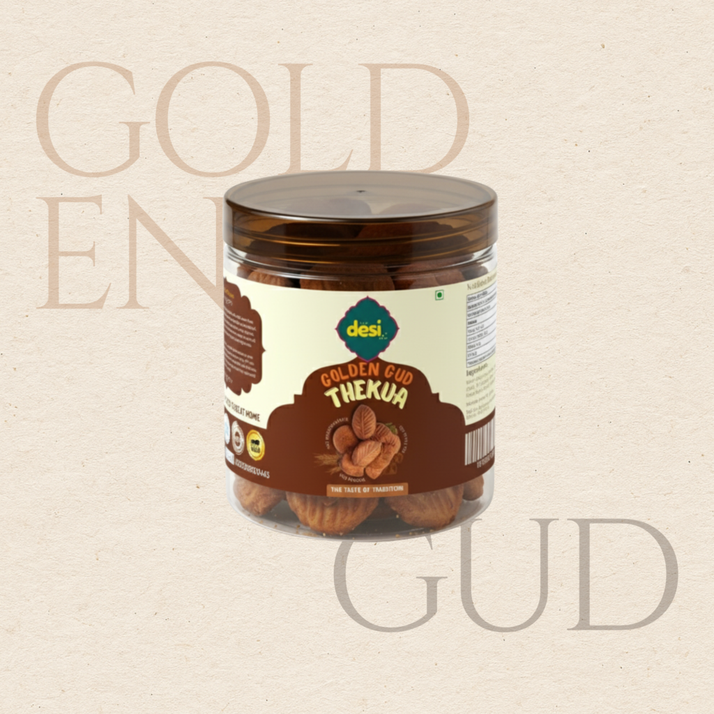 gud thekua from the desi box, gur thekua, golden gud thekua image,jaggery thekua